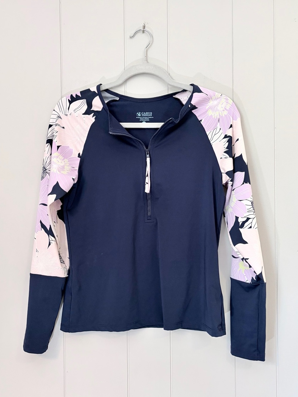 Carve Designs Navy Half Zip Rash Guard Pink Floral Sleeves Sun Protection M